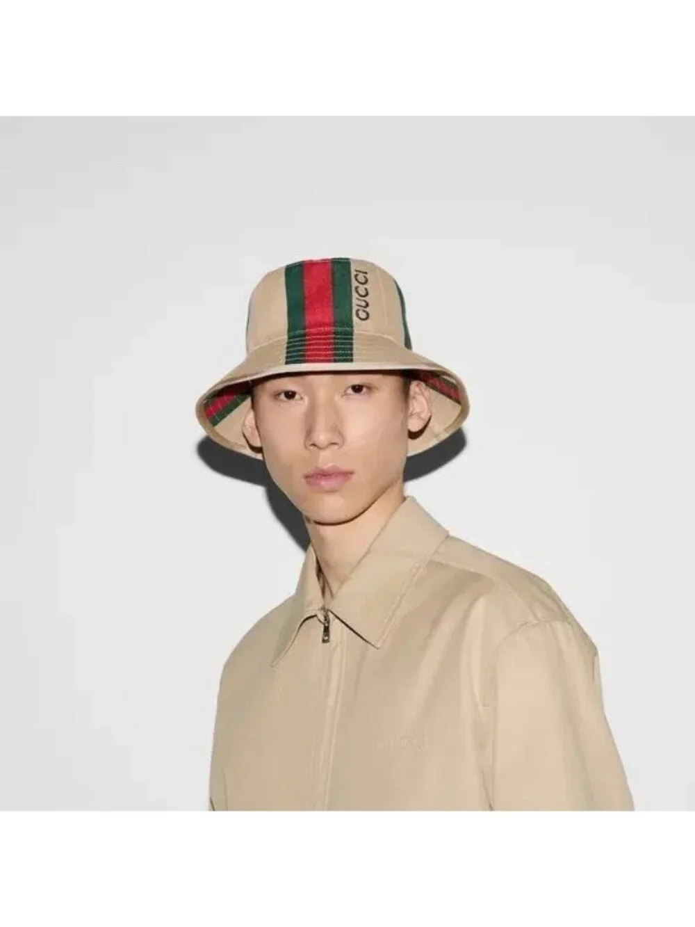 NWT Gucci Logo Printed Cotton Canvas Bucket Hat Sz S Web Beige